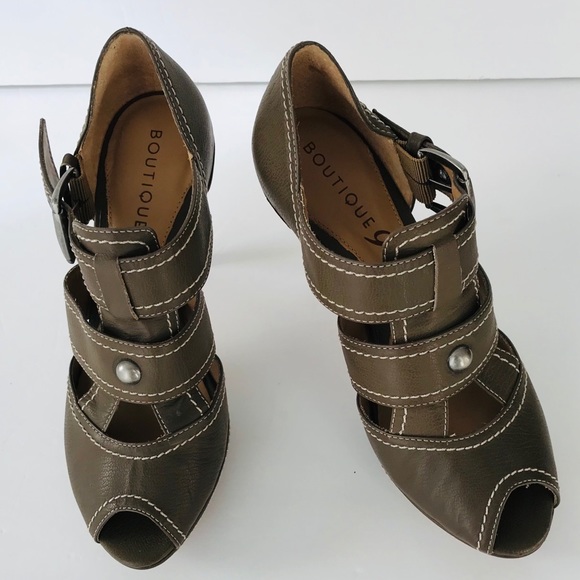 BOUTIQUE 9 Leather Cone Heels Size 6 Brown Olive Strappy Straps NWOT - Picture 11 of 14